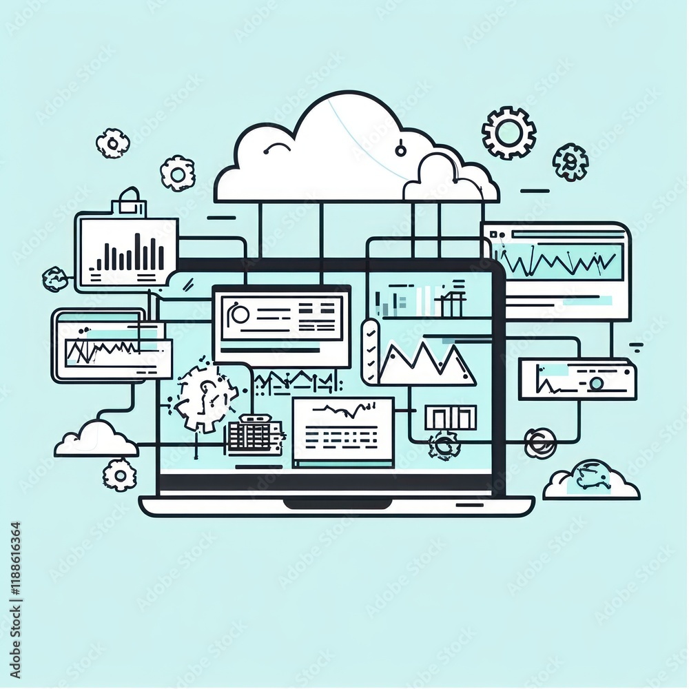 Poster cloud based data analysis on laptop with multiple charts