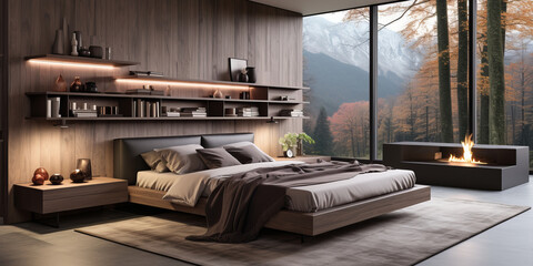 Modern bedroom with a wooden platform bed, built-in shelves, a sleek fireplace, and large windows showcasing a forest with autumn colors and mountain views.
