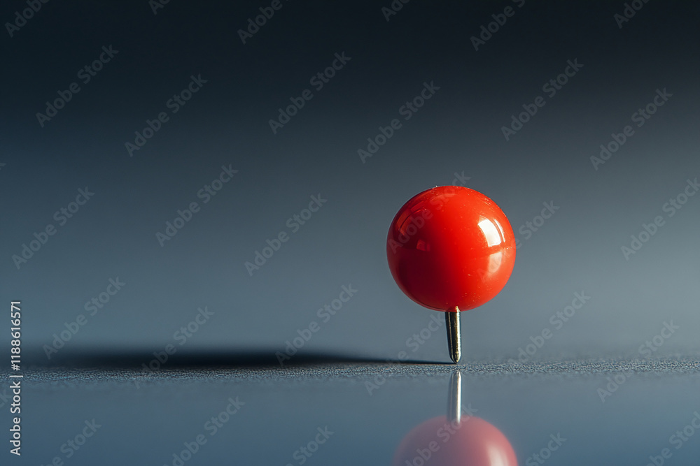 Poster Minimalist red pushpin standing on reflective surface with gradient background