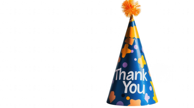 Party hat with "Thank You" text for Employee Appreciation Day, adding festive joy to workplace celebrations, isolated on white, PNG file, transparent background.
