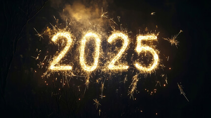 Golden fireworks form the numbers �2025� in a dramatic night sky, symbolizing hope and celebration. The vibrant colors and festive tone create a striking New Year theme with text space.