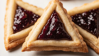 Pyramid-shaped nodes , made from three triangle-shaped Hamentaschen cookies filled with dark jam on top, arranged in an isosceles pattern to form two triangles