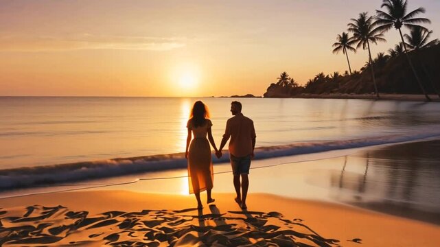 silhouette of a romantic young couple standing on the seashore, man hugging girl at sunrise on the beach, courtship on summer vacation and honeymoon