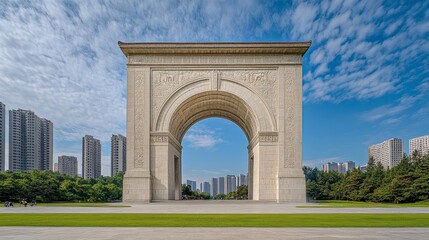 Fototapeta premium The Majestic Arch of Triumph in Pyongyang, North Korea, Standing Tall Against a Blue Sky