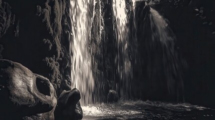 Obraz premium A Dramatic Waterfall Cascading Through Dark Woods, A Captivating Landscape Painting