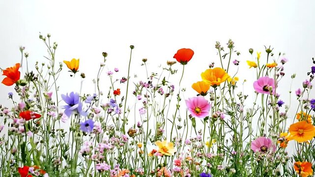 Wildflowers on white background moving in the wind. Spring Flowering wild grass and herbs isolated on white background. Border of meadow flowers wildflowers and plants. 4k video