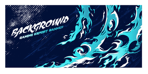 Gaming esport background striking stripes blue water wave fire ice banner flame decal livery wrap halftone pattern modern abstract grunge vector illustration design