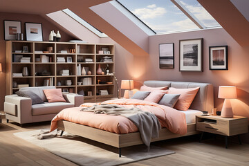 Cozy attic bedroom with peach and pink tones, a wooden bed, bookshelves, a seating area, and skylights providing natural light and a serene ambiance.
