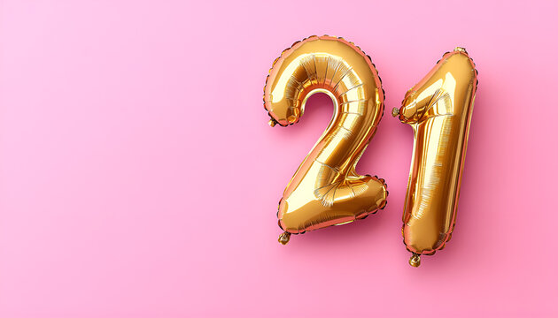 Coming of age party - 21st birthday. Number shaped balloons on pink background, space for text