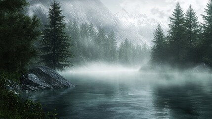 Misty Mountain Lake Serenity: A Breathtaking View of Nature's Tranquility