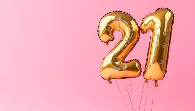 Coming of age party - 21st birthday. Number shaped balloons on pink background, space for text