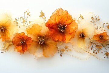 Elegant sheer orange and golden floral arrangement on white background creates a serene and artistic display