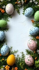 Colorful Minimalist Easter Eggs Surrounded by Fresh Greenery and Spring Flowers for Celebrating the Festive Spirit of Chinese New Year and Easter Traditions