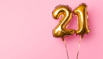 Coming of age party - 21st birthday. Number shaped balloons on pink background, space for text