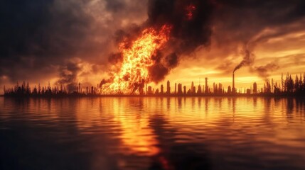 Obraz premium Intense wildfire reflecting over a calm lake, juxtaposing destruction with serenity.