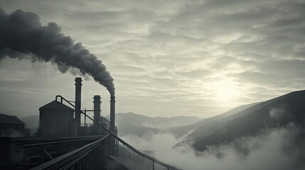 Fototapeta premium Grey sky in smoke pollution from industry chimney