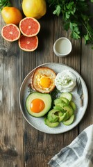 Delicious Breakfast Plate with Avocado, Egg, and Fresh Grapefruit
