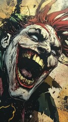 Vibrant and Intense Comic Art Portrait of a Crazed Clown Character