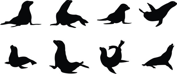 Sealion animal mascot silhouettes icon set. Sea lion black vector flat collection isolated on transparent background, clipart image painting design art Graphic drawing minimalist contour.