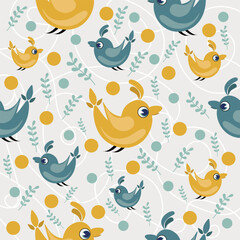 Obraz premium Seamless Cute Bird Pattern with Leaves and Dots – Vector Design for Kids and Nature Themes