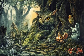 Enchanted Forest Scene with Fantasy Creatures and Lush Foliage