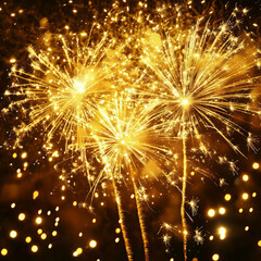 Obraz premium Golden fireworks burst across a starry night sky, their sparkling brilliance lighting up a festive New Year's celebration against a luxurious gold background.