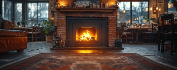 Cozy Interior with a Glowing Fireplace in a Warm Rustic Setting during Twilight