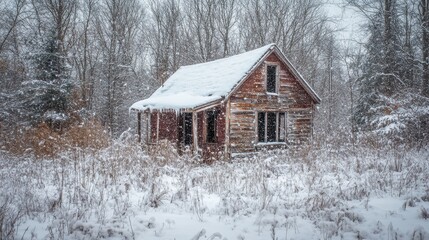 Abandoned Rustic Cabin in Snowy Winter Landscape with Trees