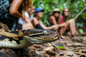 Fototapeta premium Close encounter with a snake during jungle exploration tour