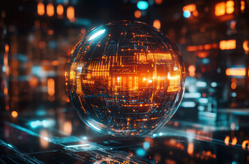 A floating orb surrounded by vibrant glowing patterns in a high-tech city skyline at night. The orb displays intricate data visuals, highlighting advancements in technology.