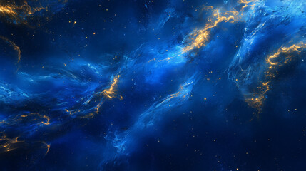 Vibrant cosmic nebula with blue and gold swirls in deep space background