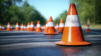 Orange traffic cones mark road construction zone. Clear day. Safety cones guide drivers. Roadwork ahead. Urban environment. Construction project underway. Traffic control in progress. Safety
