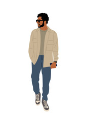 Naklejka premium Business man in casual clothes walking front view. Handsome bearded man in sunglasses, jacket, jeans and sneakers. vector flat illustration isolated on transparent background