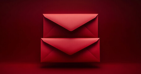 Three striking red envelopes rest open against a deep red background, illuminated by soft light. Their bold simplicity exudes a sense of elegance and traditional festivity.