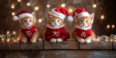 Three kittens in festive red sweaters and Santa hats sit on wooden planks, their bright orange fur glowing against a warm background of twinkling lights and falling snow.