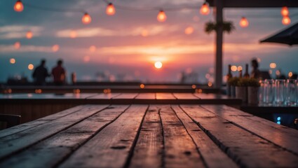 Blurry sunset over empty wooden table top