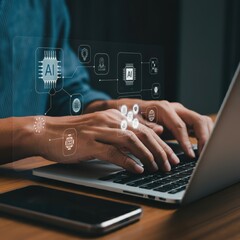 Artificial intelligence concept, holographic AI icon, hands typing on laptop, futuristic technology, blue tones, dark background, glowing digital elements, network connections, machine learning visual