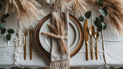 Bohemian table setting with pampas grass and cutlery