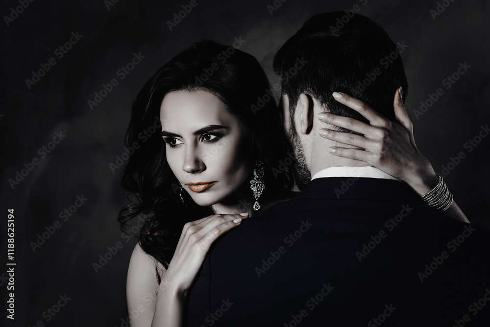 Poster portrait of pretty charming lady with earring bonding touching secret mysterious gentlemen with rear