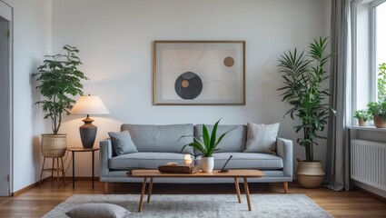 Bright living room featuring grey sofa and green plant
