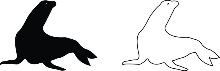 Sealion animal mascot silhouettes icon set. Sea lion black vector flat line collection isolated on transparent background, clipart image painting design art Graphic drawing minimalist contour.