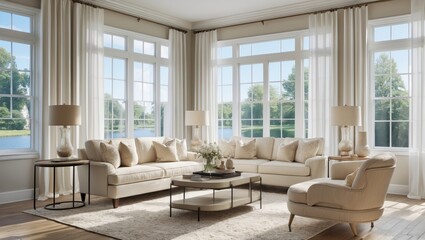 Fototapeta premium Bright modern living room with large windows