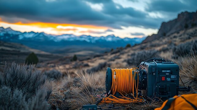 Demonstrating a Fiber Optic Fusion Splicer in a Natural Setting Surrounded by Majestic Mountains