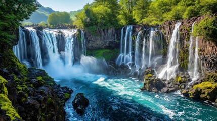 Fototapeta premium Majestic waterfall cascades scenic nature location captivating landscape image lush green environment serene viewpoint natural beauty concept