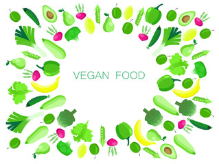 Vegan vegetable abstract vector background. Eco food, Minimalism style. Vector illustration healthy food, cabbage, zucchini, onion, apple, grape. Mosaic ornament in flat style.70s.