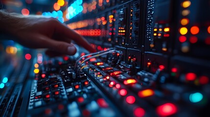 An experienced internet technician solves a fiber optic connection issue by expertly opening a connector in a crowded technology lab filled with networking gear