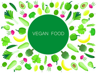 Vegan vegetable abstract vector background. Eco food, Minimalism style. Vector illustration healthy food, cabbage, zucchini, onion, apple, grape. Mosaic ornament in flat style.70s.