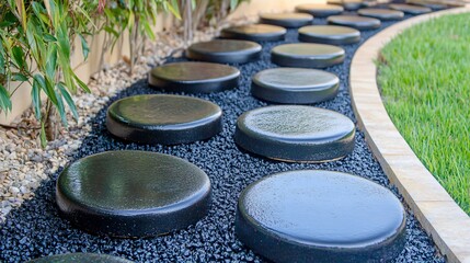 Serene Stepping Stones Garden Path- Black Round Stones on Gravel