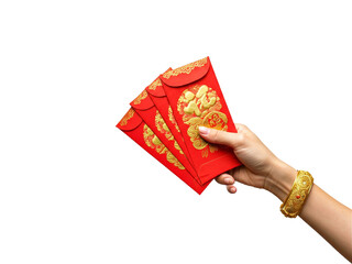 A woman's hand with red nail polish, adorned with a gold bracelet, holding a group of traditional red Chinese envelopes with intricate gold calligraphy.