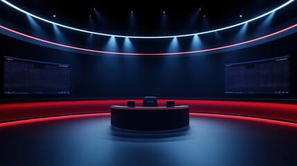 Modern virtual studio backdrop for TV news live shows. Empty circular studio with dark walls, red accents. Circular desk, two large screens displaying data. Suitable for VR tracking system.